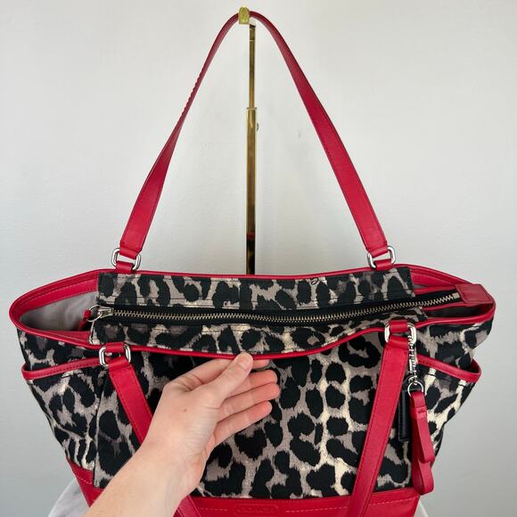 COACH Leopard Print Canvas Red Leather Tote Shoulder Purse Bag Authentic - Picture 8 of 16
